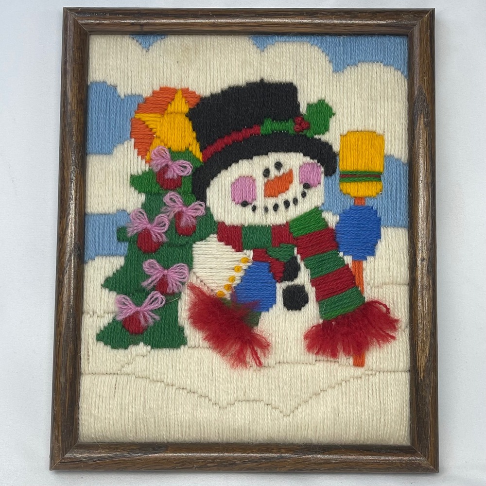 Vintage 1987 Handmade Snowman Crewel Embroidery Framed Christmas Art 8x10